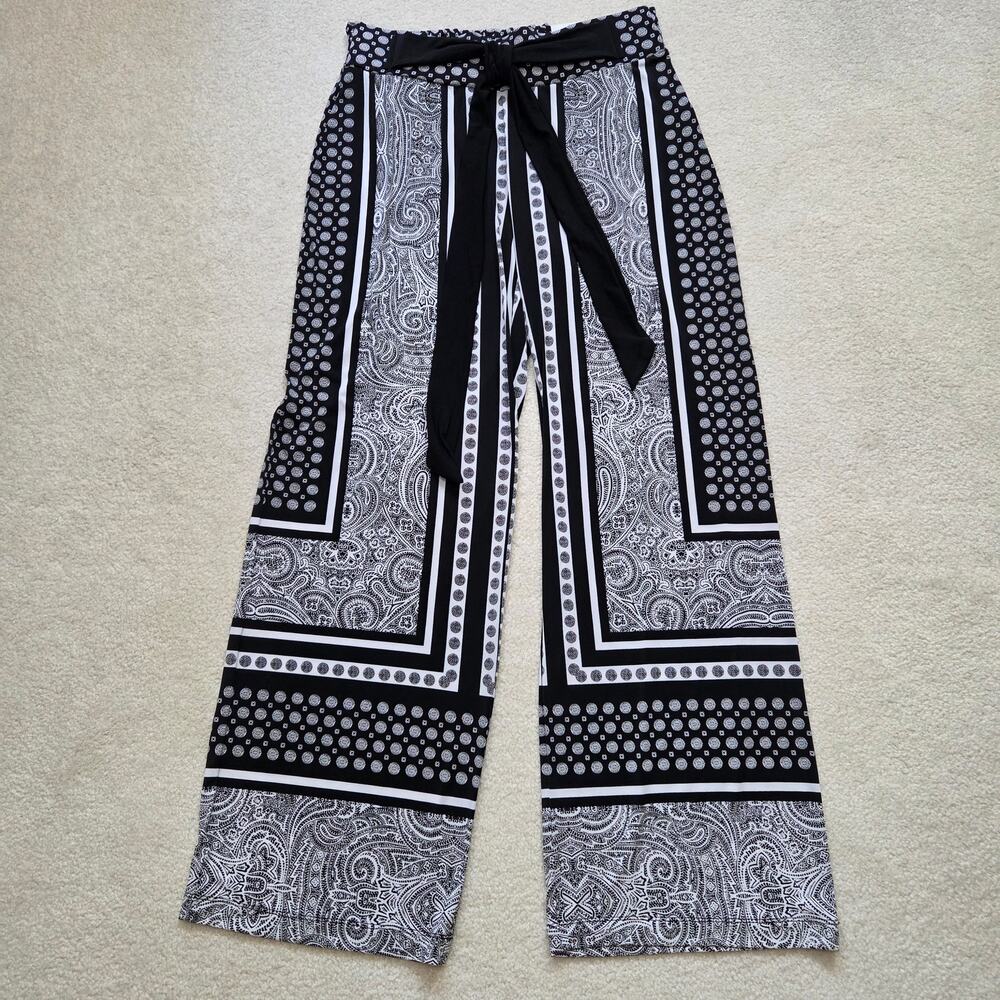 NWT INC Size PM Palazzo Wide Leg Pull On Tie Waist Black White